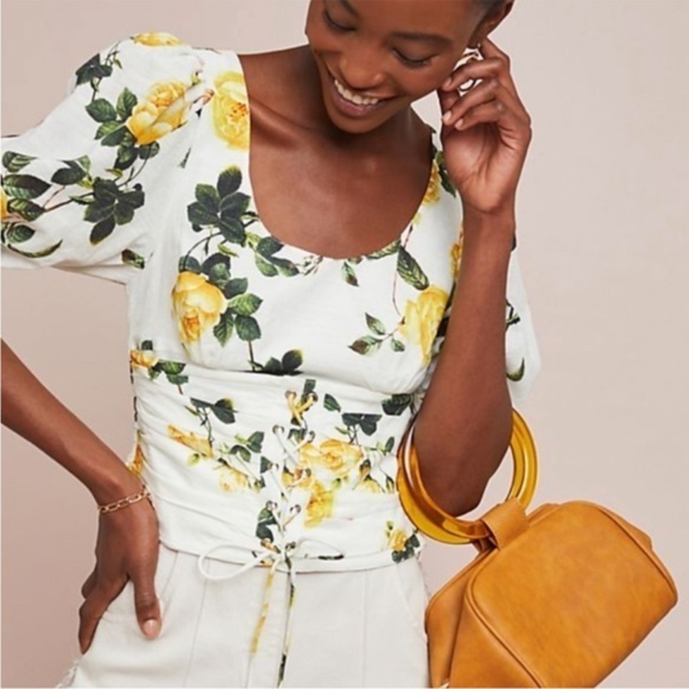 Steele Anthropologie Corseted Rose Top White Ruched Cropped L Cottagecore
